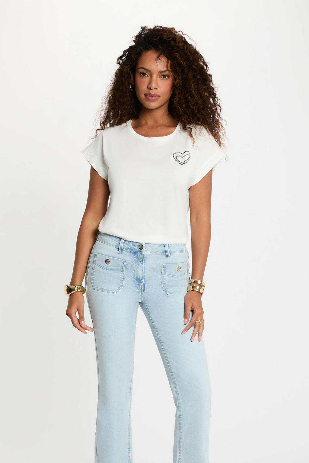 Witte dames Morgan T-shirt van modal met effen, korte mouwen, ronde hals en strass steentjes