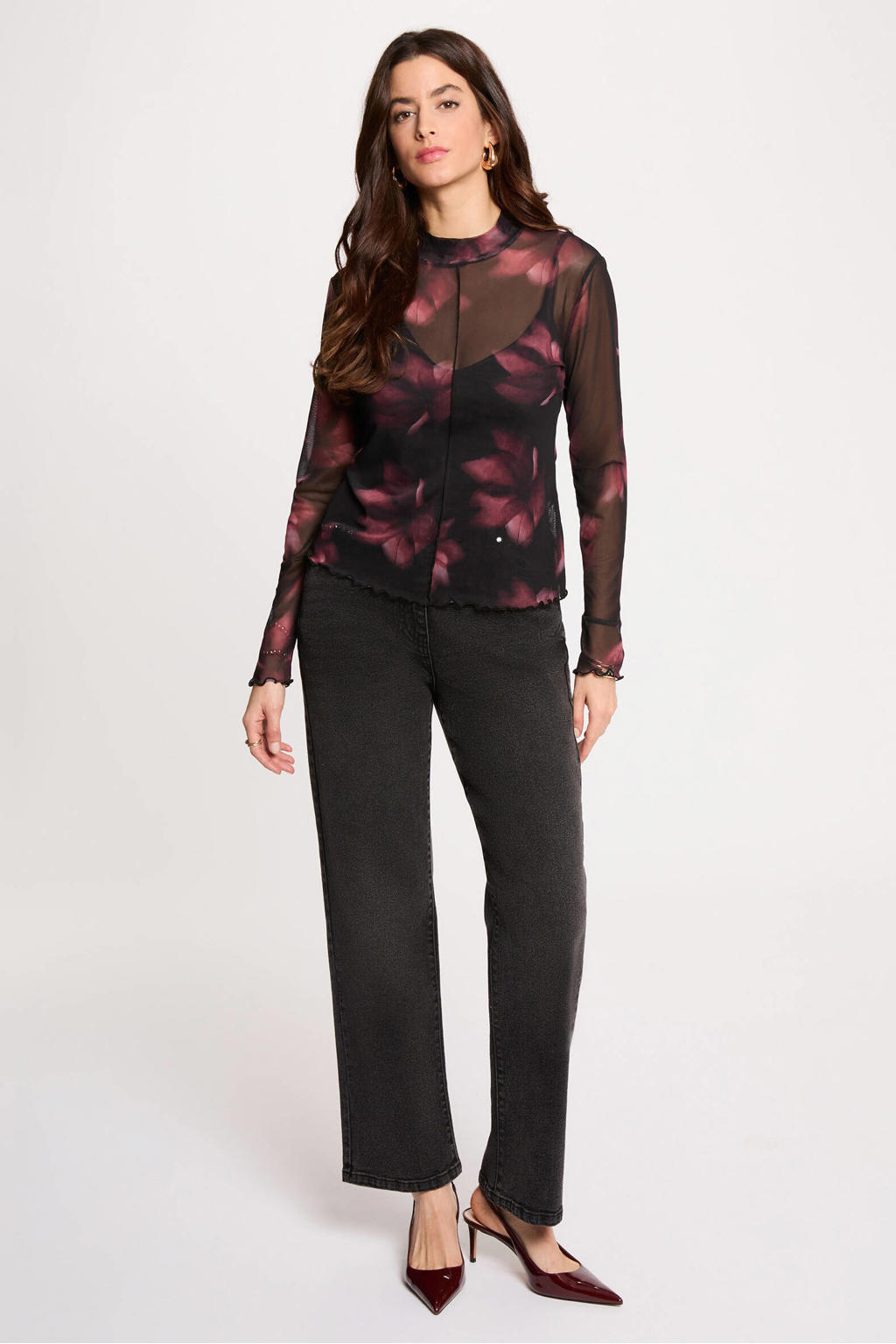 Multikleurige dames Morgan mesh top met lange mouwen en ronde hals