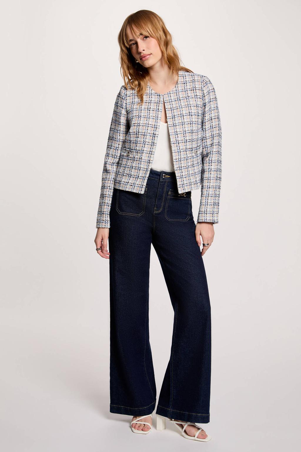 Multikleurige dames Morgan tweed jasje met ruitenprint, lange mouwen en ronde hals