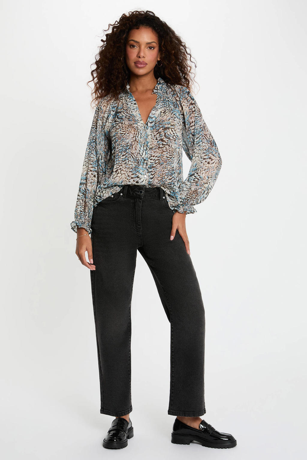Multikleurige dames Morgan blouse van polyester met lange mouwen en V-hals