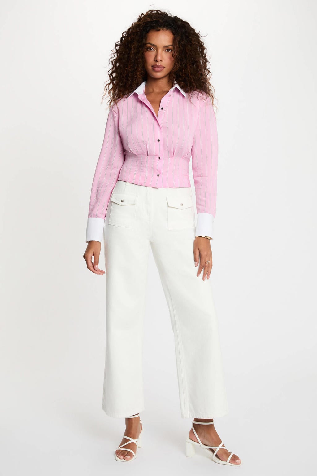 Roze dames Morgan gestreepte blouse van viscose met lange mouwen, klassieke kraag en knoopsluiting
