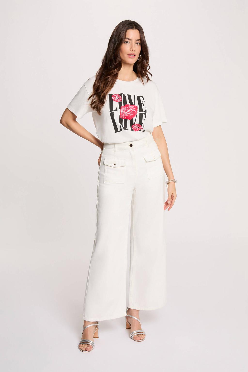 Witte dames Morgan T-shirt van modal met tekst print, korte mouwen en ronde hals