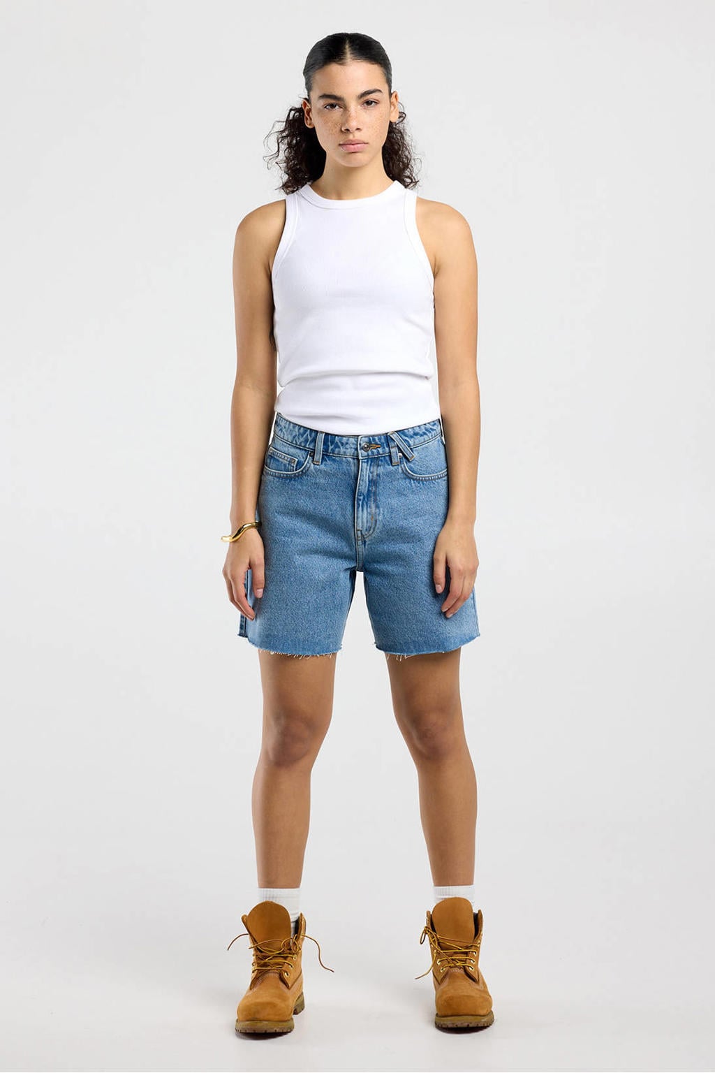 Medium blue denim dames America Today regular waist short van denim met rits- en knoopsluiting en effen