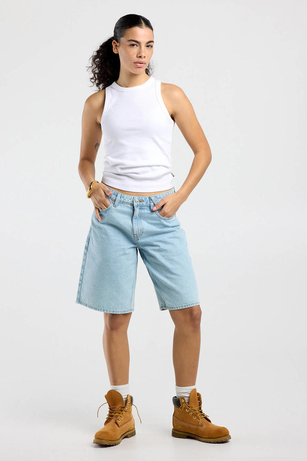 Light blue denim dames America Today high waist short van denim met loose fit, rits- en knoopsluiting en effen