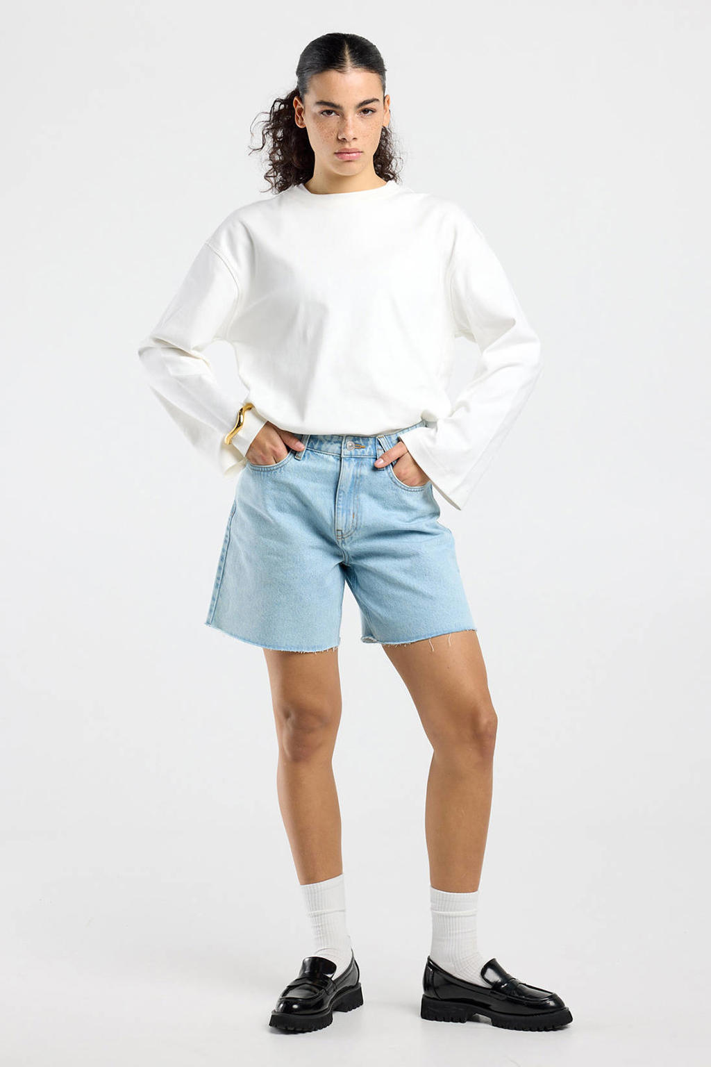 Light blue denim dames America Today regular waist short van denim met rits- en knoopsluiting en effen