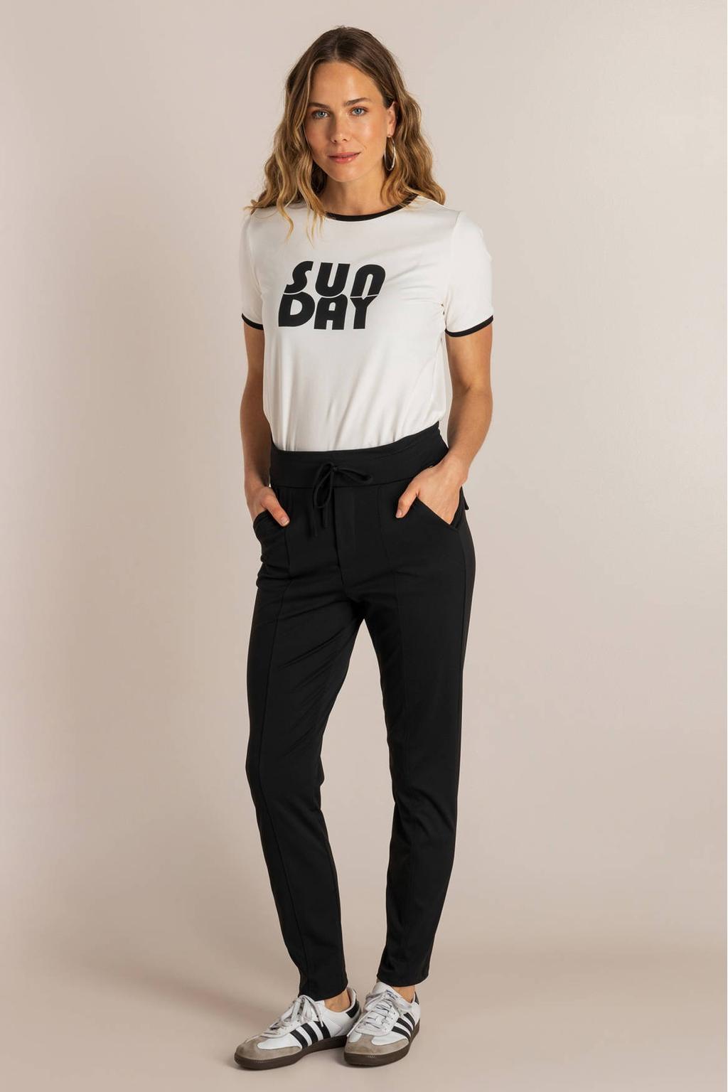 Zwarte dames Ivy Beau casual broek travelstof met slim fit, high waist, elastische tailleband en effen