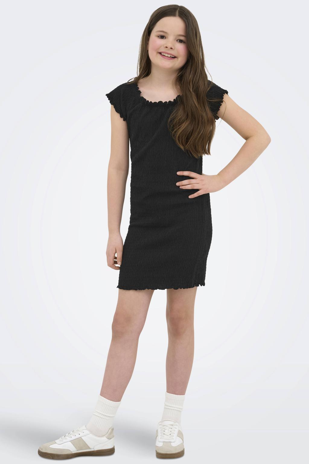 Zwarte meisjes KIDS ONLY GIRL midi jurk van stretchkatoen met effen, korte mouwen en boothals