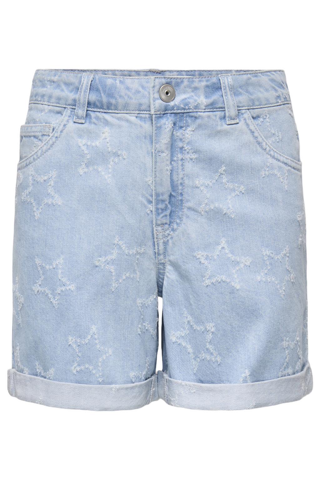 Light blue denim meisjes KIDS ONLY GIRL short van denim met loose fit, rits- en knoopsluiting en sterrenprint