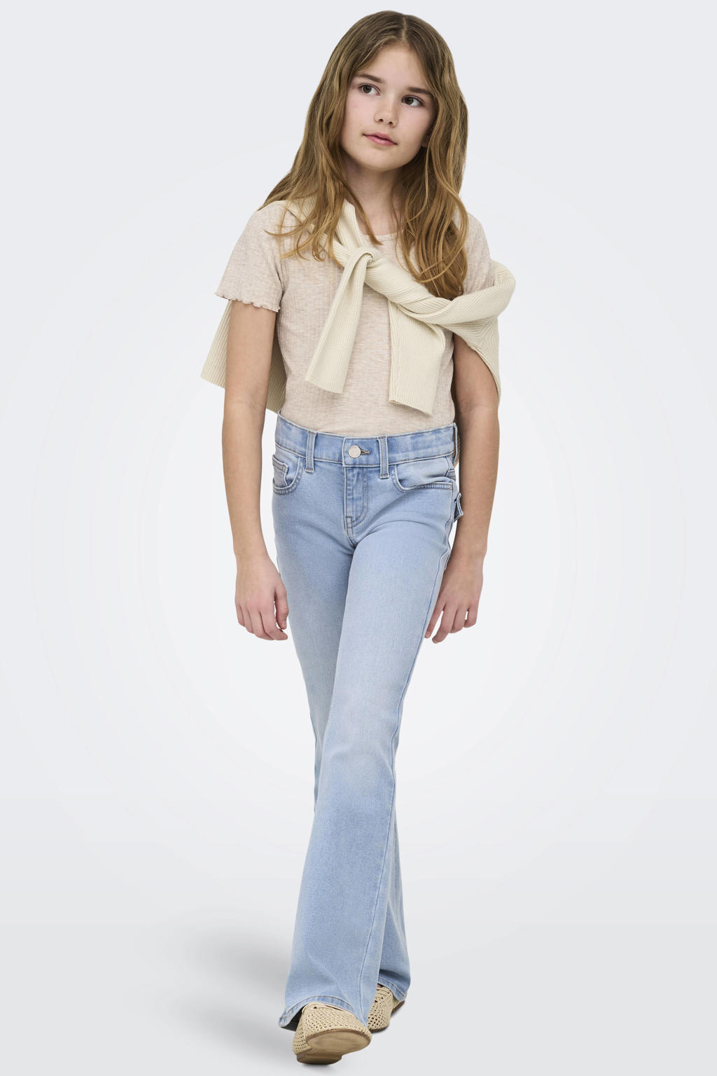 Light blue denim meisjes KIDS ONLY GIRL flared jeans van denim met rits- en knoopsluiting en effen