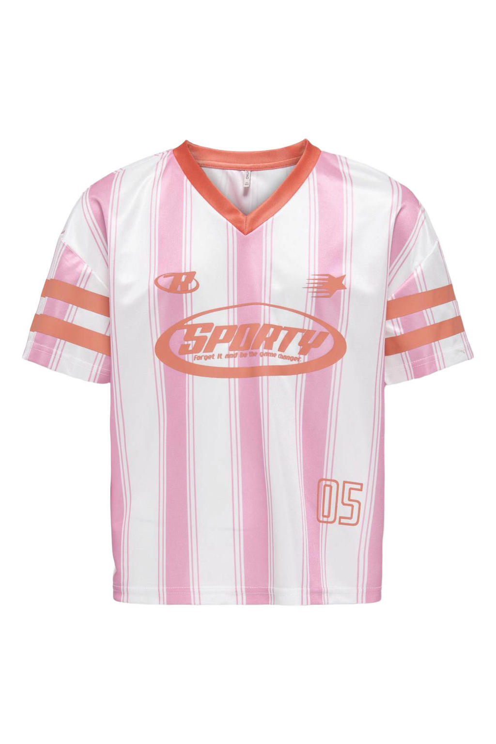 Roze en witte meisjes KIDS ONLY GIRL gestreept T-shirt van polyester met backprint, korte mouwen en V-hals