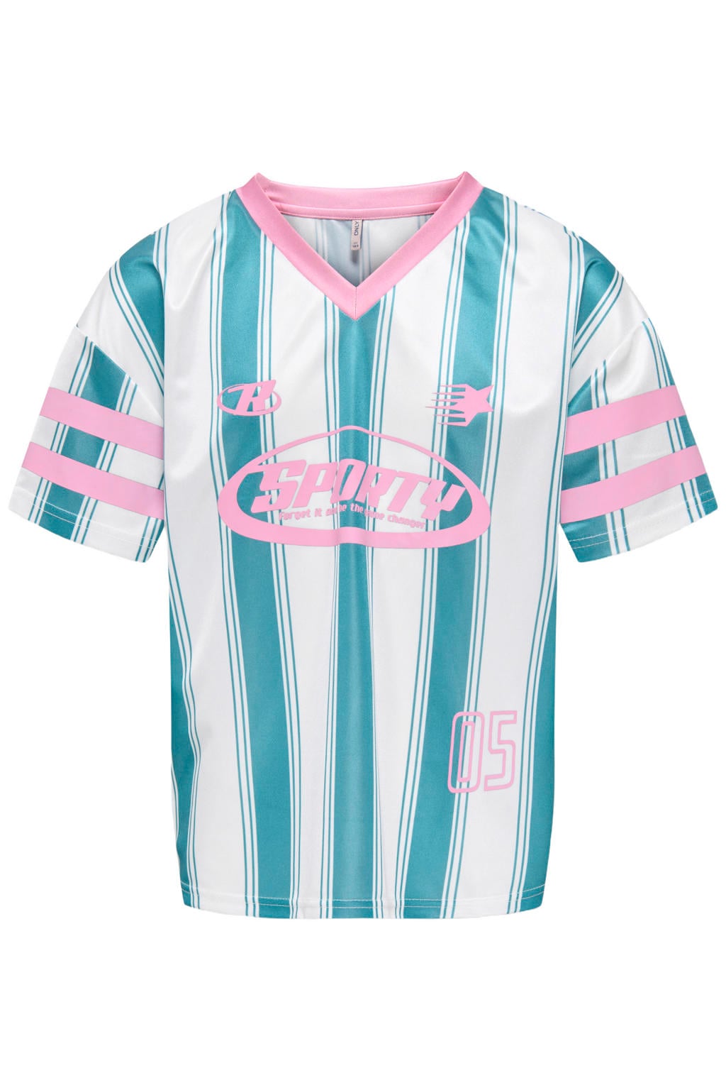 Blauw, wit en roze meisjes KIDS ONLY GIRL gestreept T-shirt van polyester met backprint, korte mouwen en V-hals