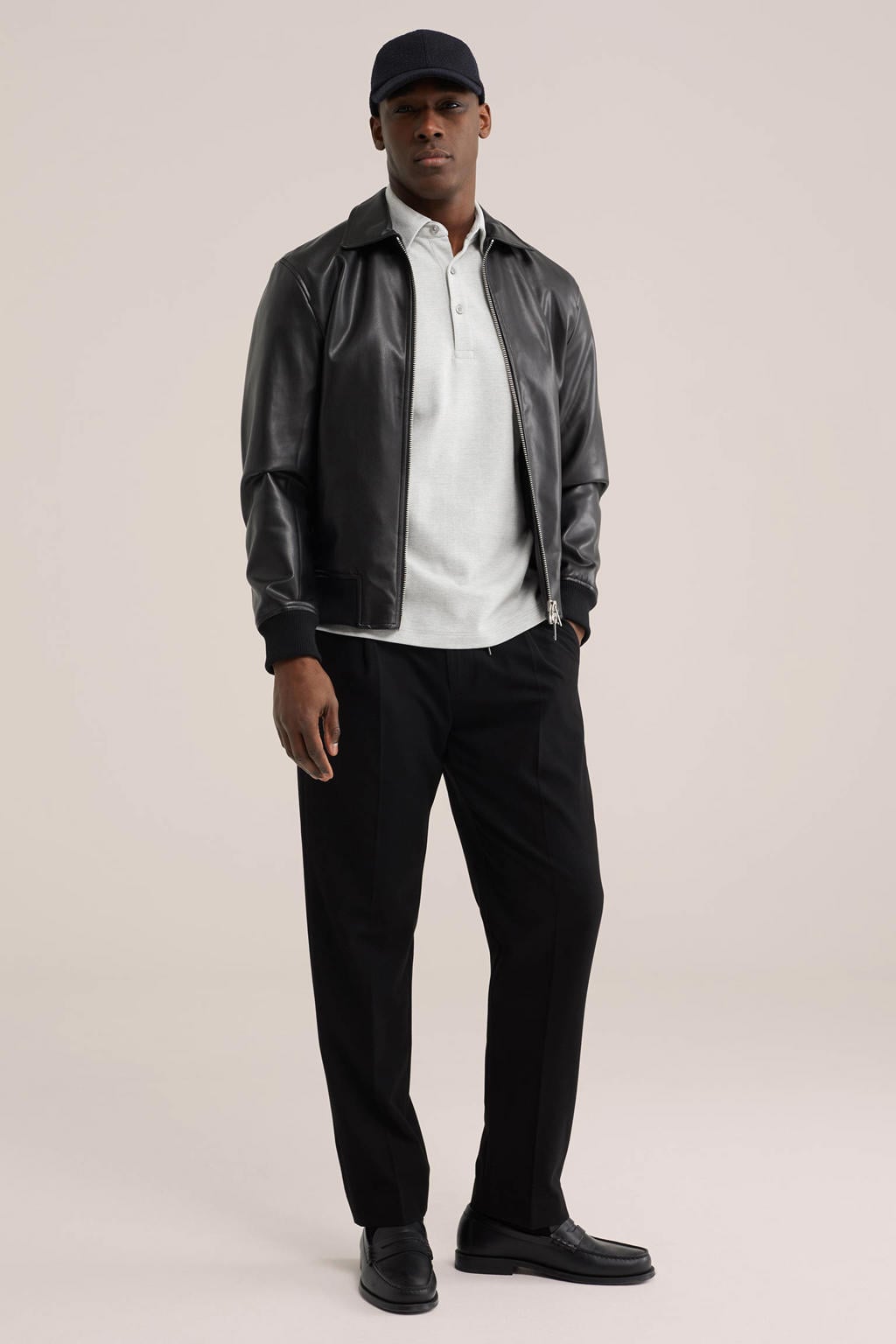 Grijze heren WE Fashion regular polo van katoen met effen, korte mouwen en knoopsluiting