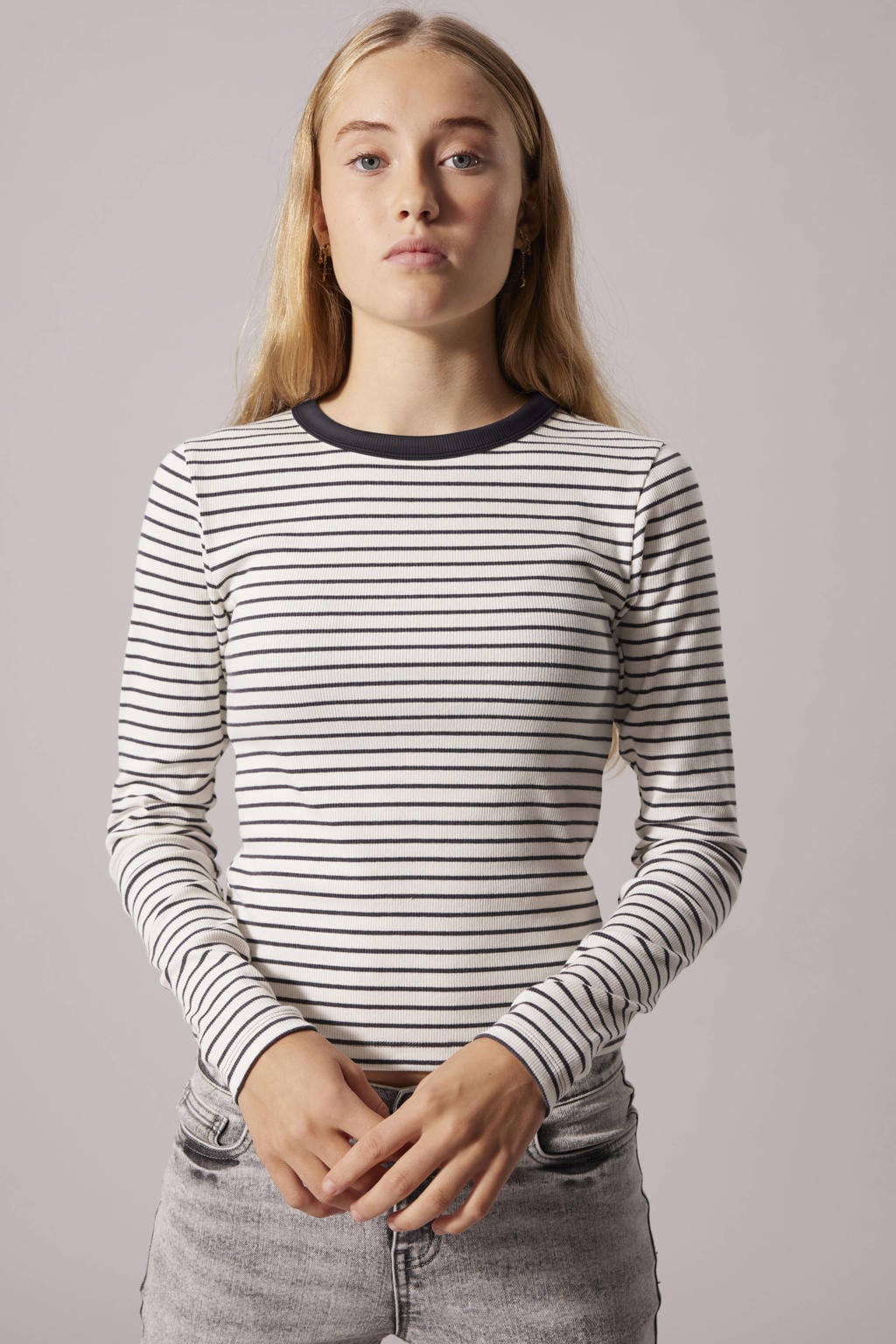 LMTD gestreepte longsleeve grijs rib gebreid
