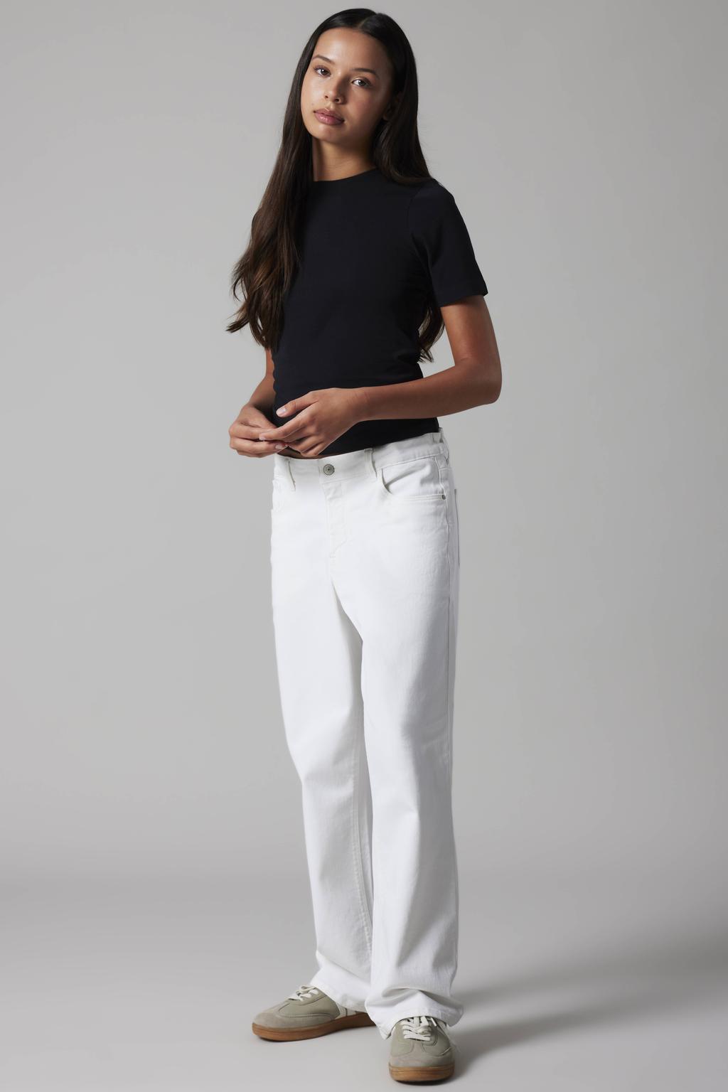Witte jongens en meisjes LMTD straight regular waist casual broek van stretchkatoen met rits- en knoopsluiting en effen