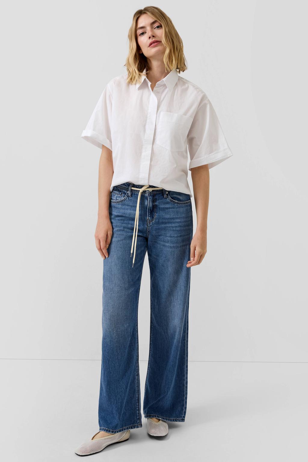 Medium blue denim dames s.Oliver high waist wide leg jeans van denim met rits- en knoopsluiting en effen