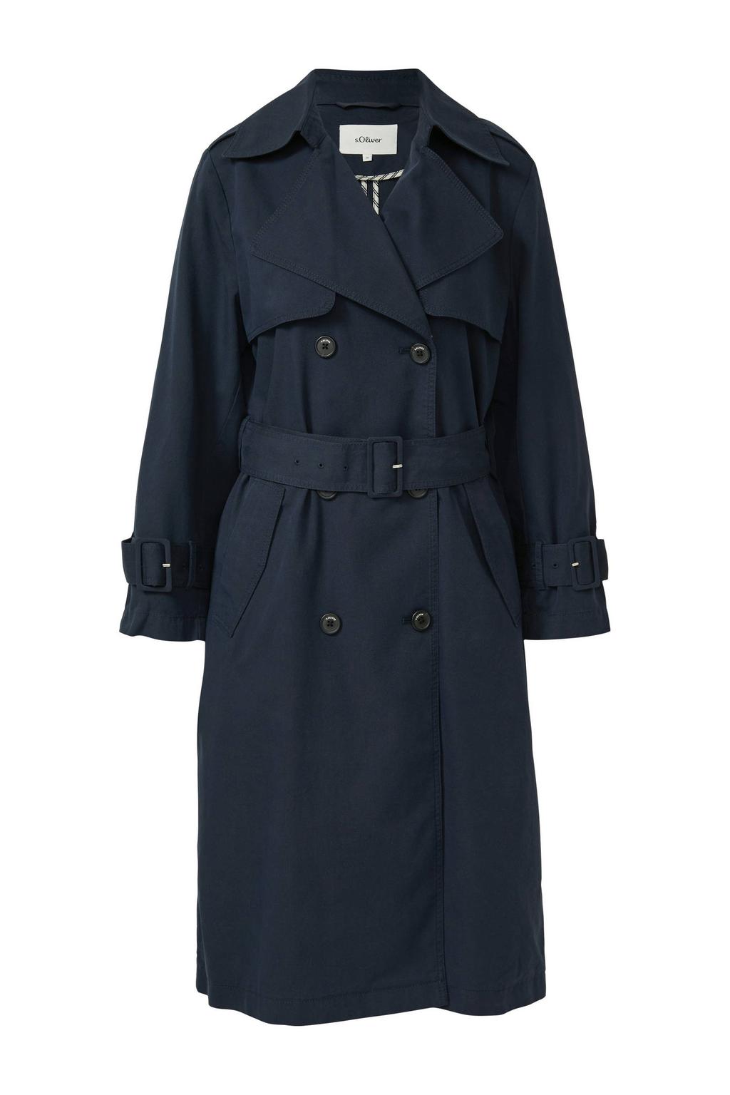 Marineblauw dames s.Oliver trenchcoat blauw van katoen met effen, lange mouwen en reverskraag