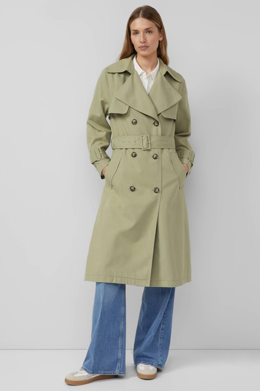 Kakikleurige dames s.Oliver trenchcoat van katoen met effen, lange mouwen en reverskraag