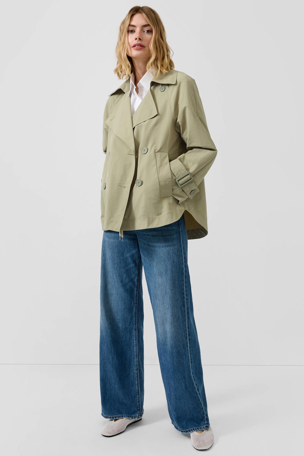 Groene dames s.Oliver trenchcoat van katoen met effen, lange mouwen, reverskraag en double breasted sluiting