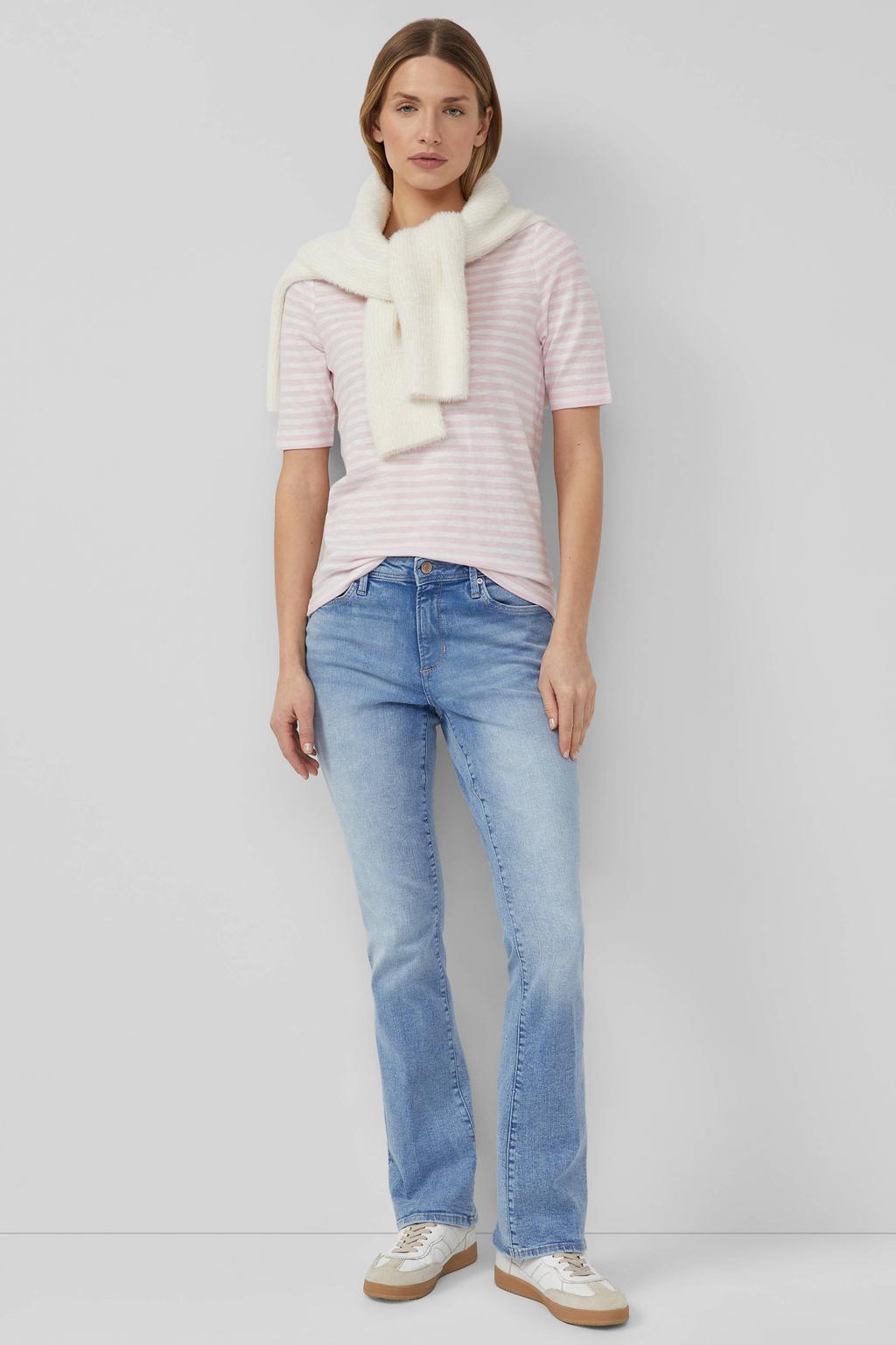 Lichtroze en witte dames s.Oliver T-shirt met strepenprint, korte mouwen en ronde hals