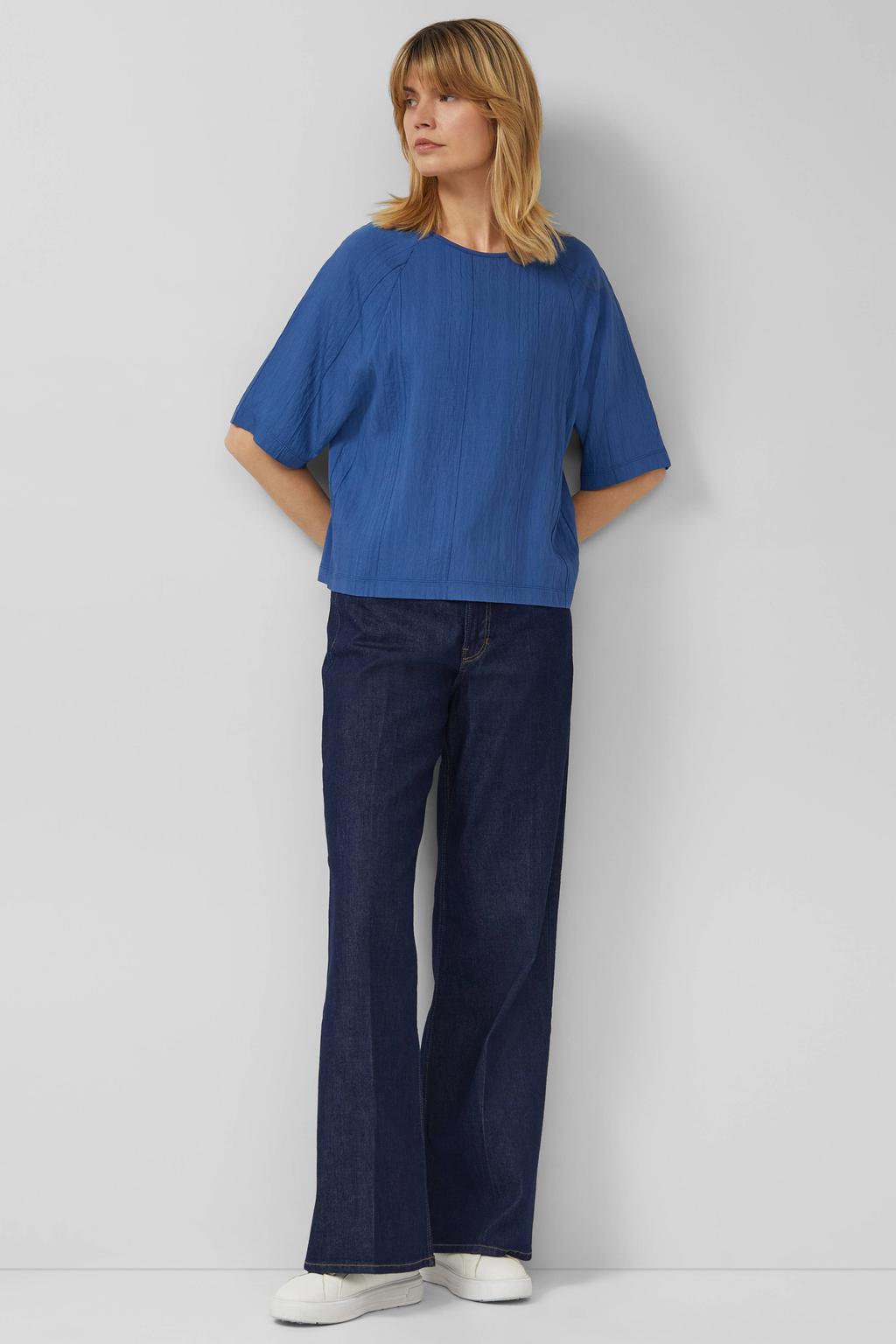 Blauwe dames s.Oliver top van viscose met effen, half lange mouwen, ronde hals en textuur