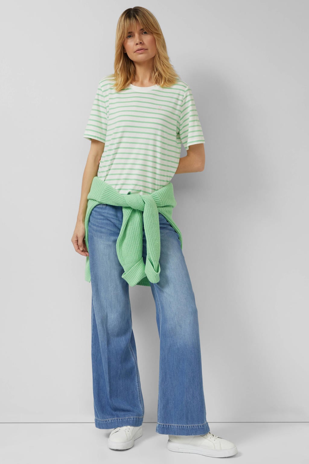 Lichtgroen en witte dames s.Oliver gestreepte T-shirt van katoen met korte mouwen en ronde hals