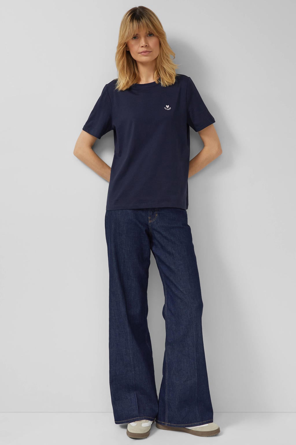 Marineblauw dames s.Oliver T-shirt blauw van katoen met printopdruk, korte mouwen en ronde hals