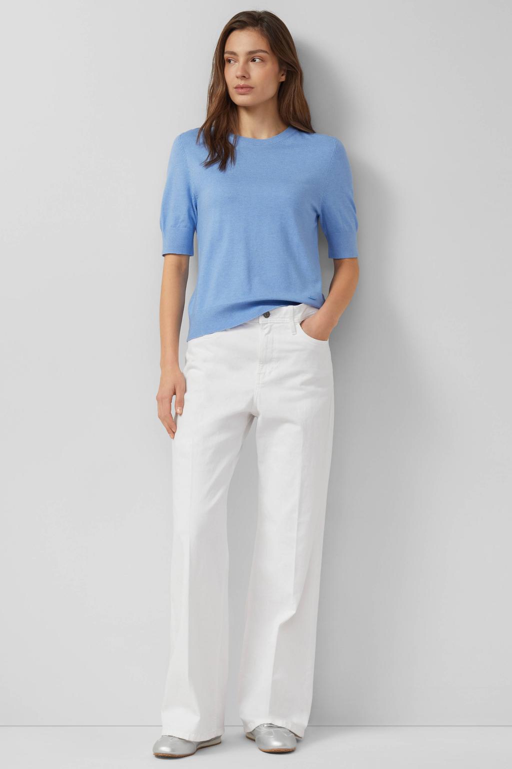 Lichtblauwe dames s.Oliver top van viscose met effen, korte mouwen, ronde hals en geribde boorden