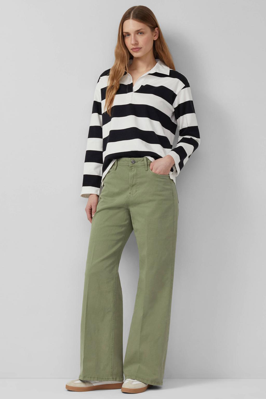 Kakikleurige dames s.Oliver high waist wide leg jeans van katoen met rits- en knoopsluiting en effen