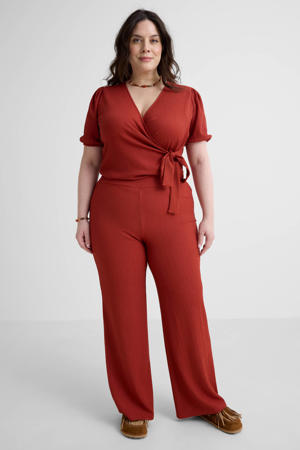 wide leg broek met textuur roodbruin