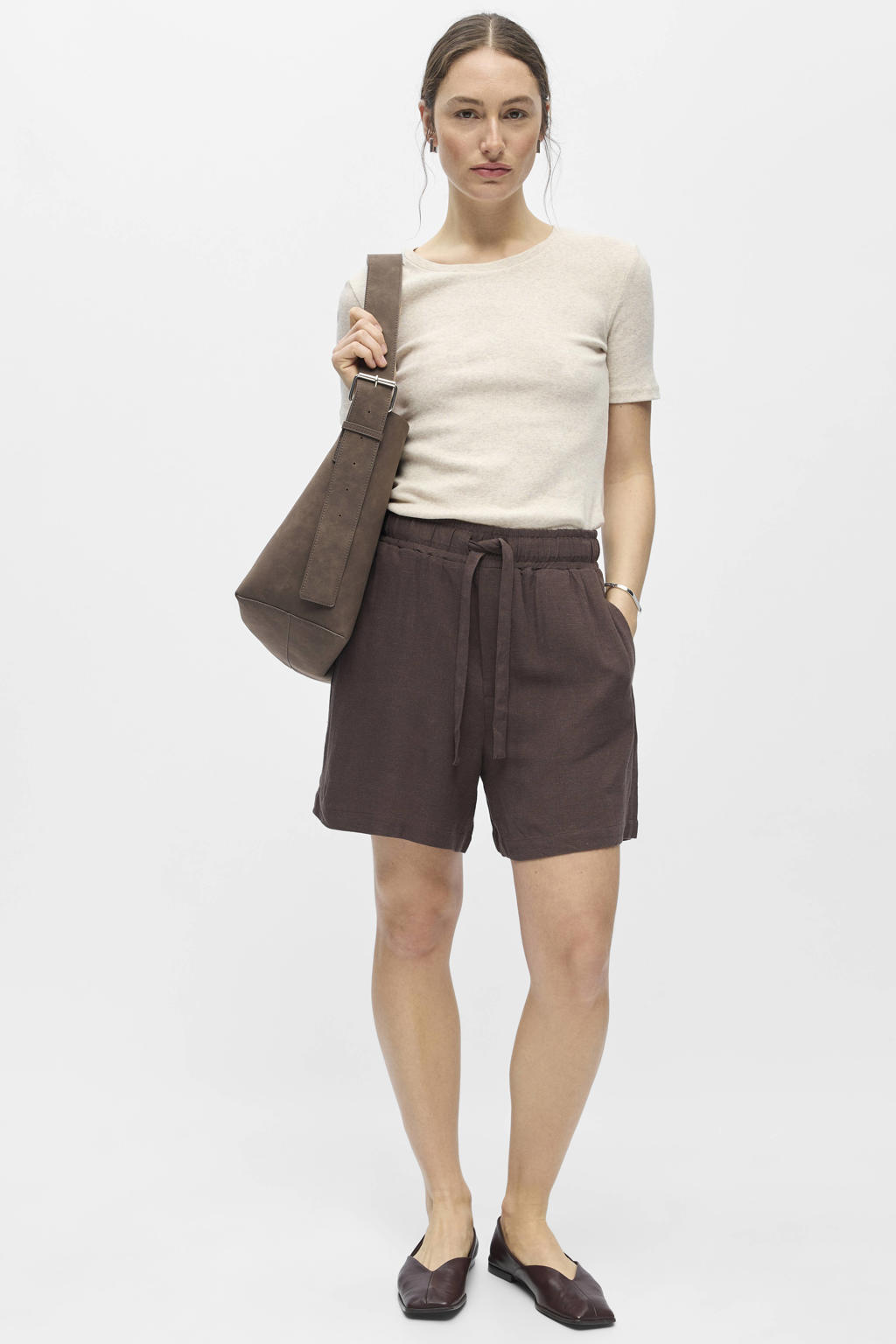 Donkerblauwe dames OBJECT regular waist casual short van linnen met loose fit, high waist en effen
