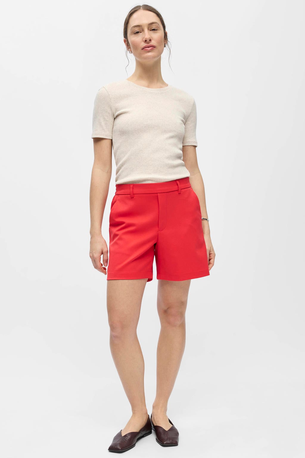 Rode dames OBJECT regular waist casual short van polyester met elastische tailleband en effen