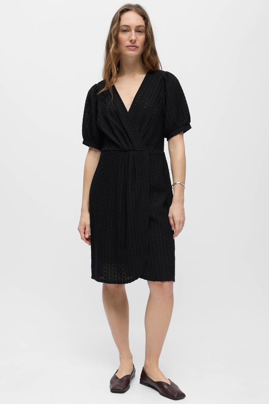 Zwarte dames OBJECT mini jurk van polyester met effen, korte mouwen en V-hals