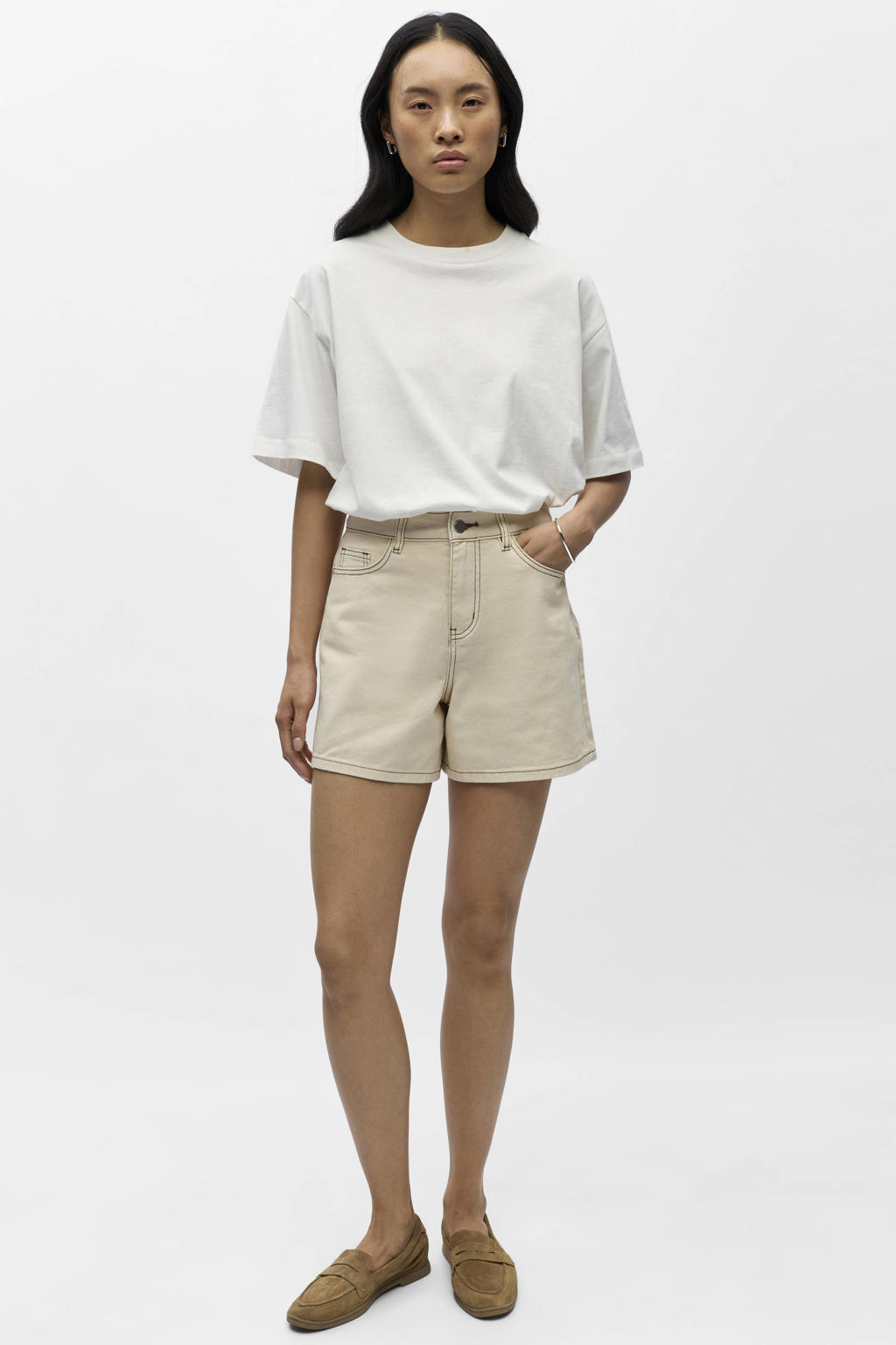 Zandkleurige dames OBJECT regular high waist short van denim met rits- en knoopsluiting en effen