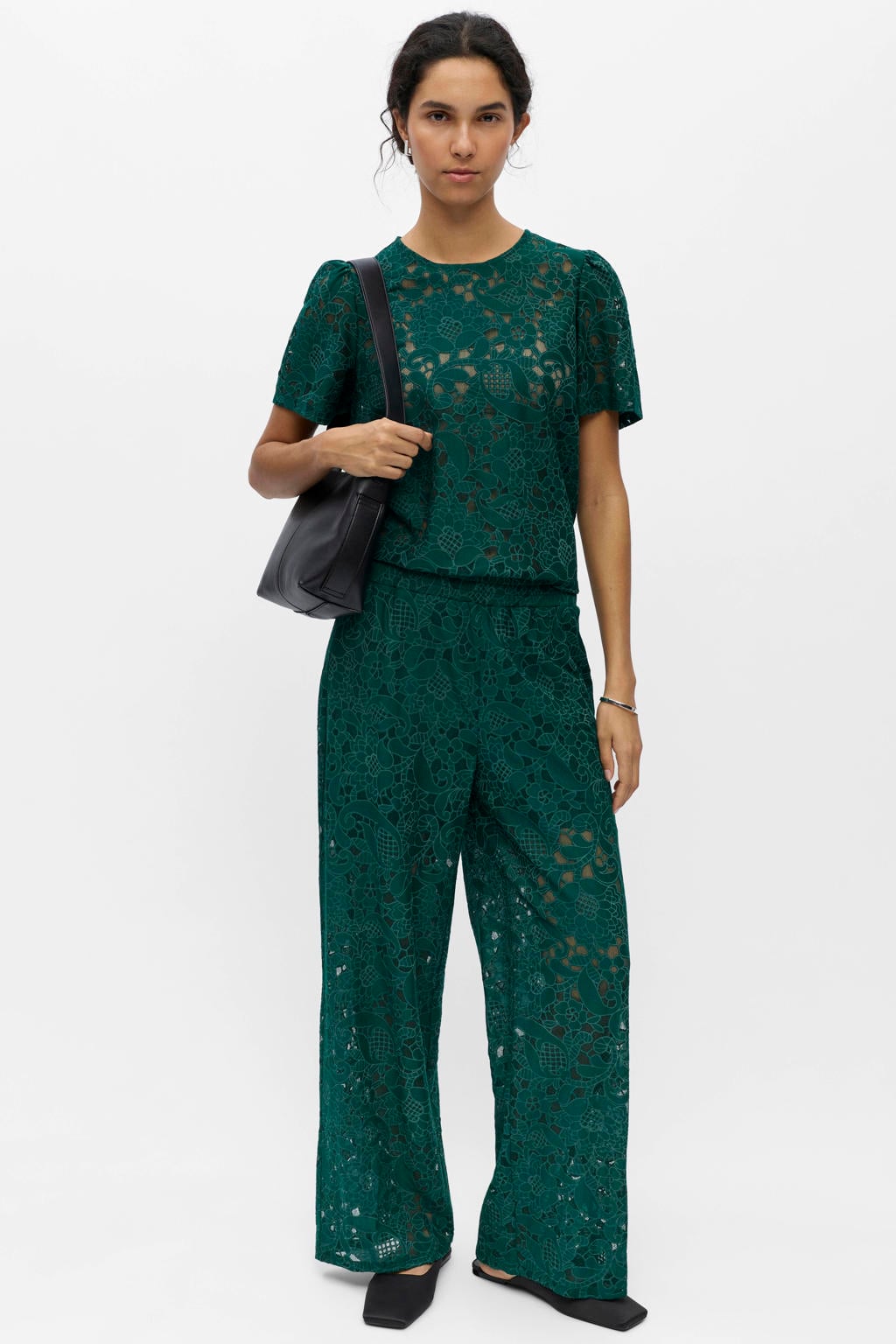 Donkergroene dames OBJECT wide leg regular waist casual broek van viscose met effen