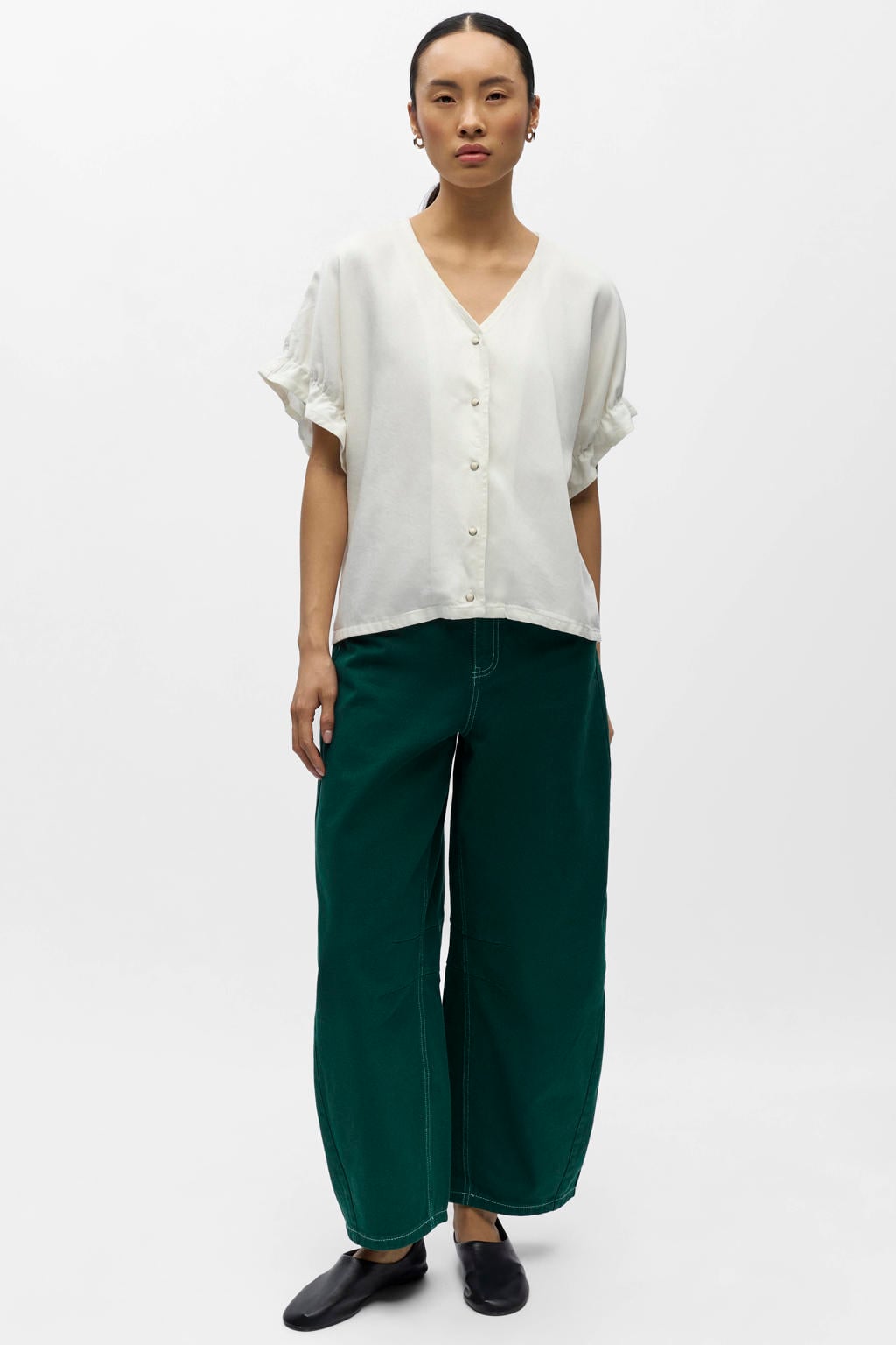 Ecru dames OBJECT blousetop van lyocell met effen, korte mouwen, V-hals en knoopsluiting