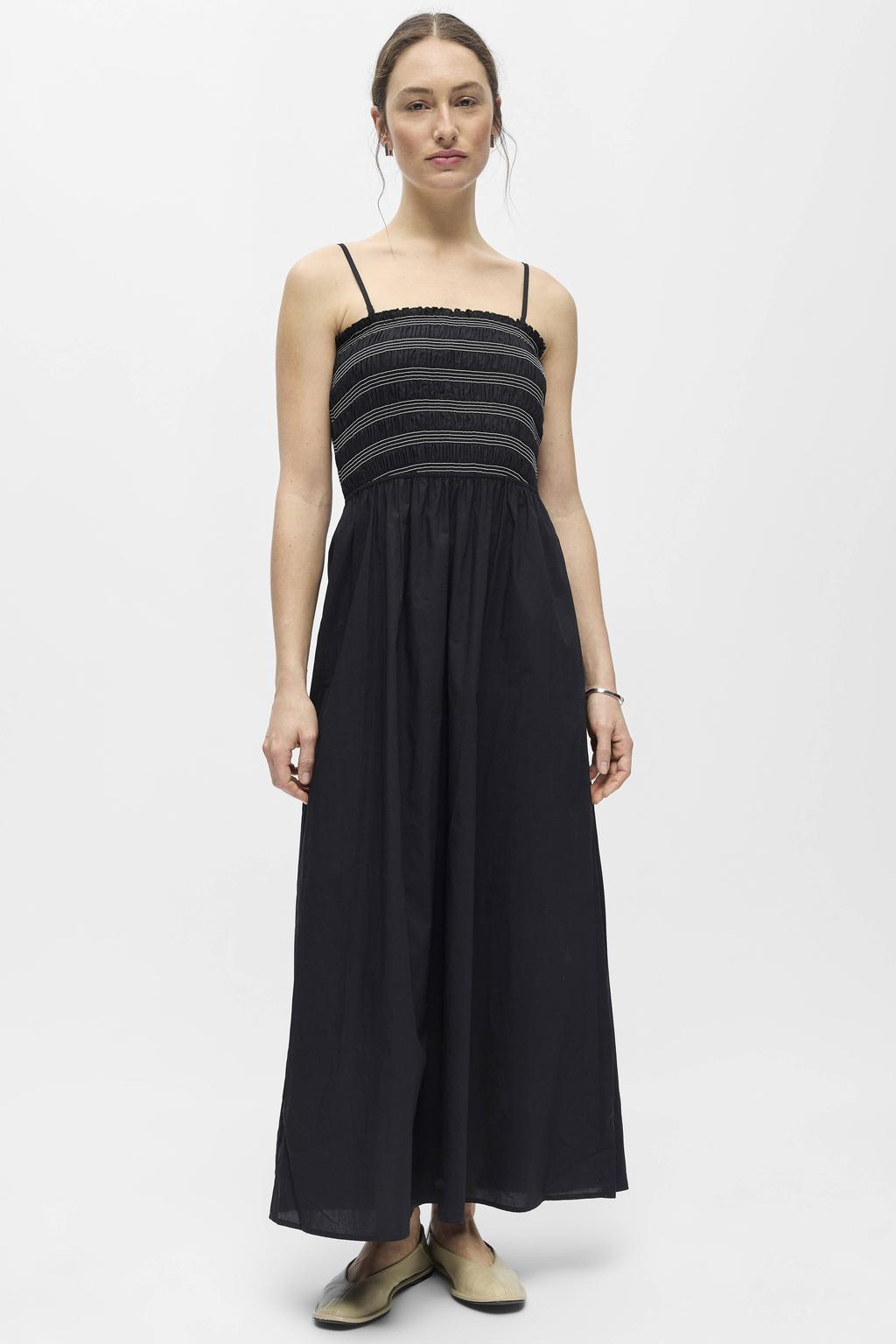 Zwarte dames OBJECT maxi jurk van katoen met effen, spaghettibandjes, vierkante hals en geweven detail