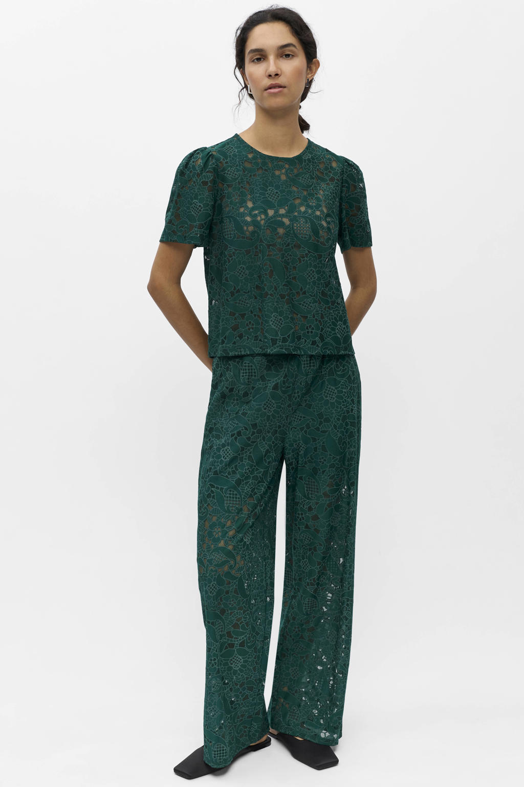 Donkergroene dames OBJECT blousetop van viscose met effen, korte mouwen, ronde hals en kant