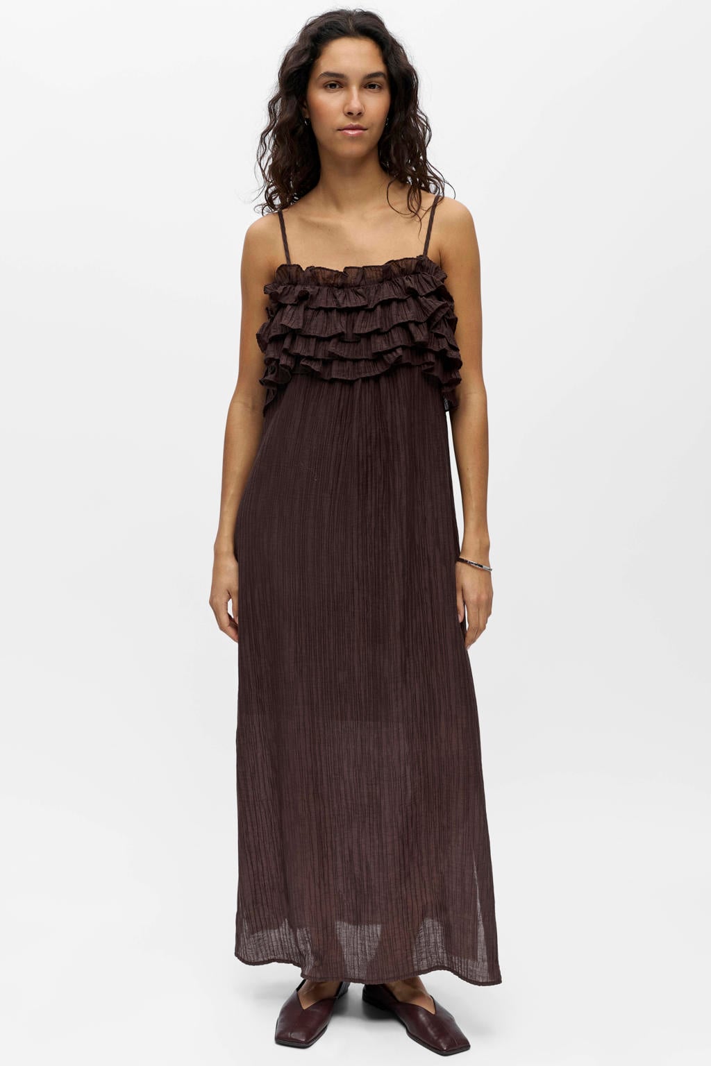 Donkerblauwe dames OBJECT maxi jurk van lyocell met effen, spaghettibandjes, ronde hals en geweven detail