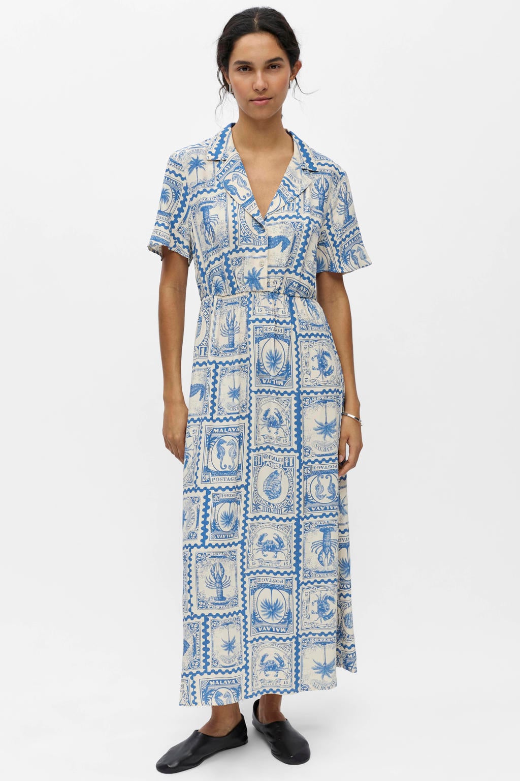 Blauw en ecru dames OBJECT blazerjurk strandjurk van modal met korte mouwen en reverskraag