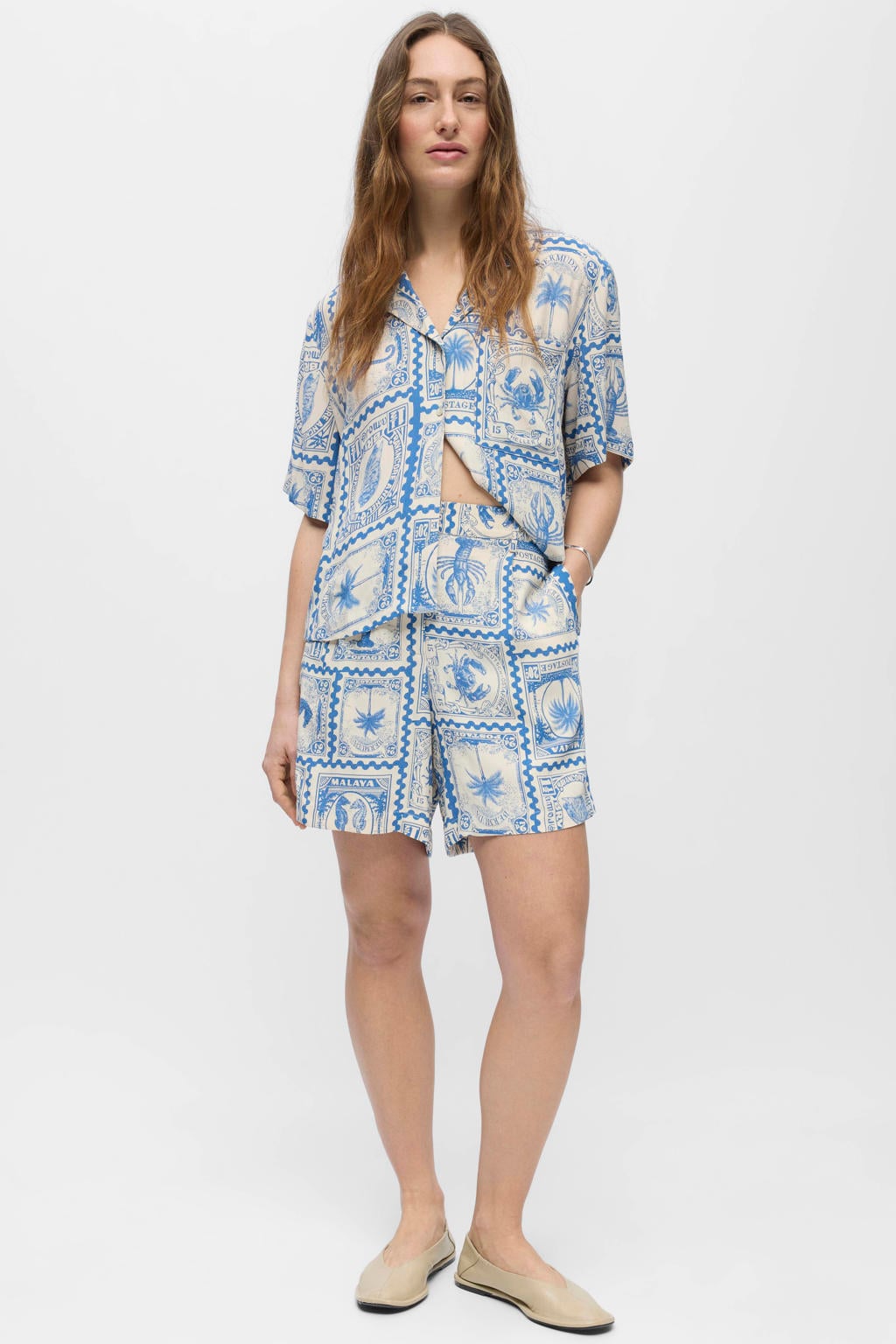 Blauw en ecru dames OBJECT regular high waist casual short van viscose met rits- en drukknoopsluiting