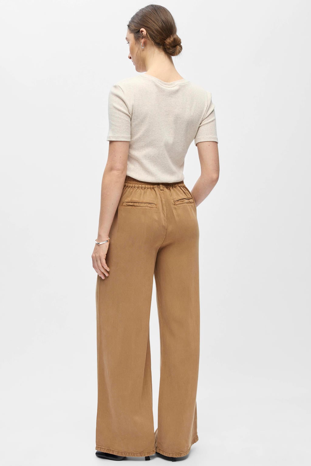 Camelkleurige dames OBJECT wide leg regular waist casual broek van lyocell met effen
