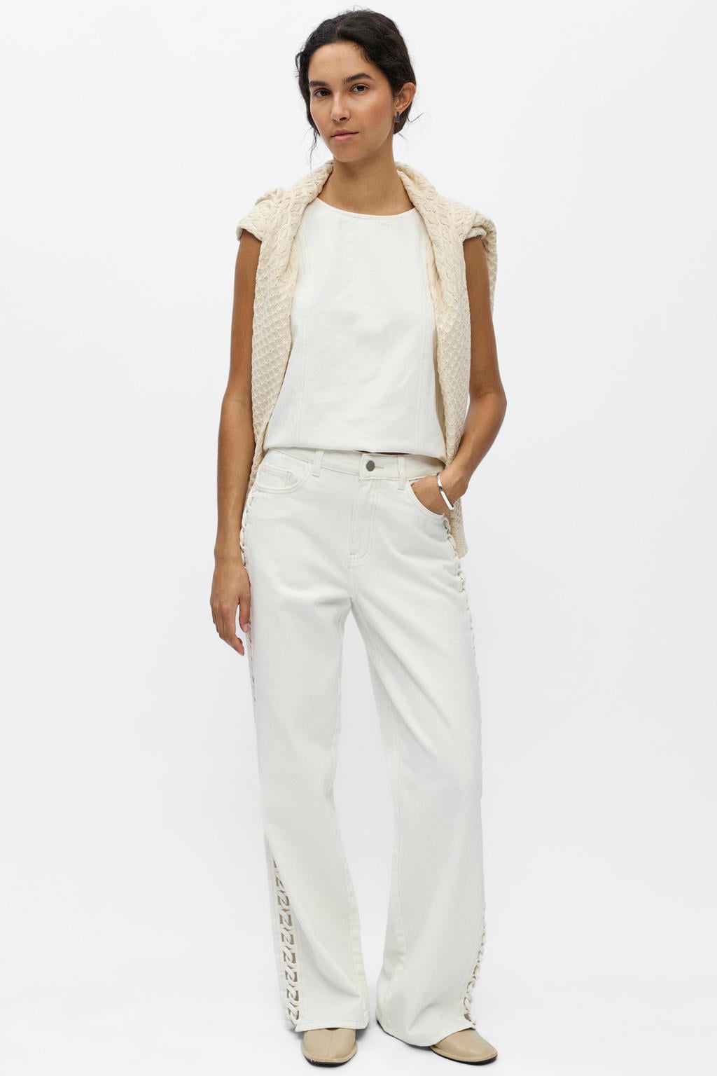 Witte dames OBJECT wide leg jeans van denim met rits- en knoopsluiting en effen