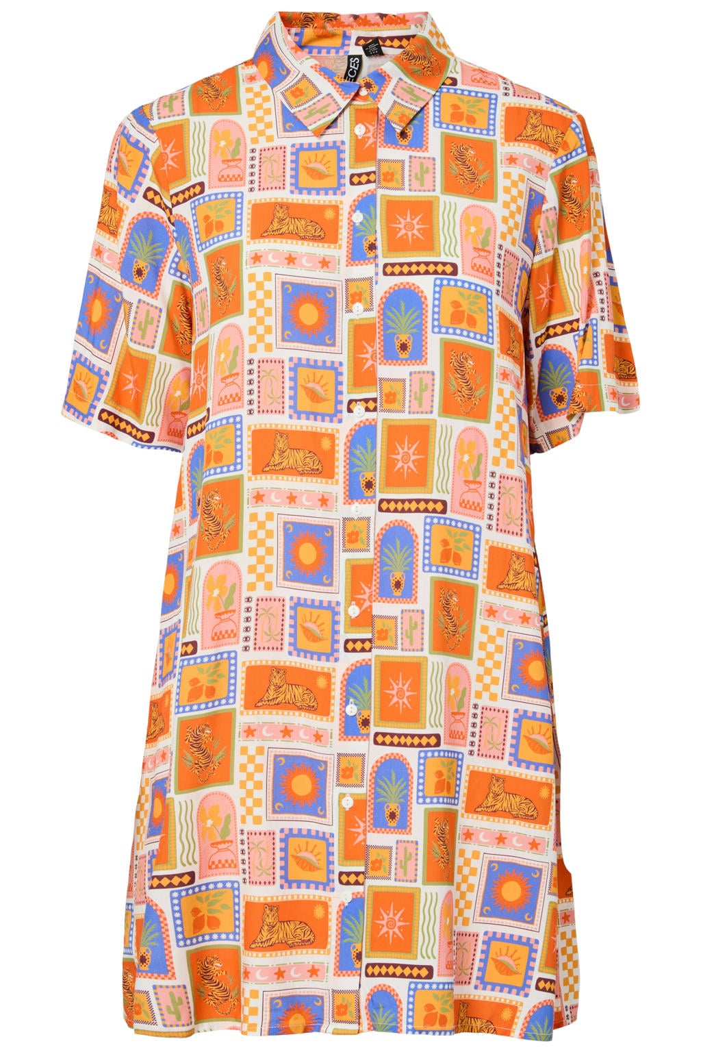 Multikleurige dames PIECES blousejurk van viscose met korte mouwen, klassieke kraag, knoopsluiting en geweven detail