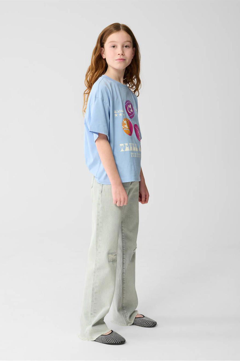 Grey denim meisjes Shoeby high waist straight leg jeans van denim met rits- en knoopsluiting en effen
