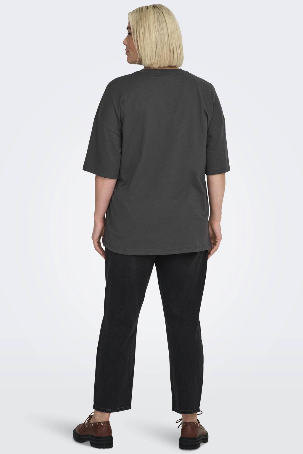 Antraciete dames ONLY CARMAKOMA T-shirt van katoen met printopdruk, korte mouwen en ronde hals
