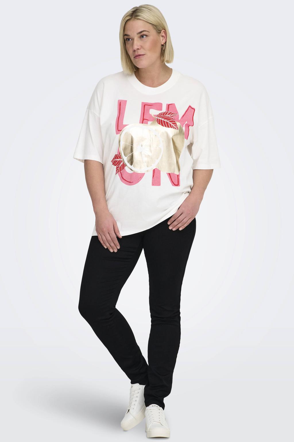 Witte dames ONLY CARMAKOMA T-shirt van katoen met printopdruk, korte mouwen en ronde hals