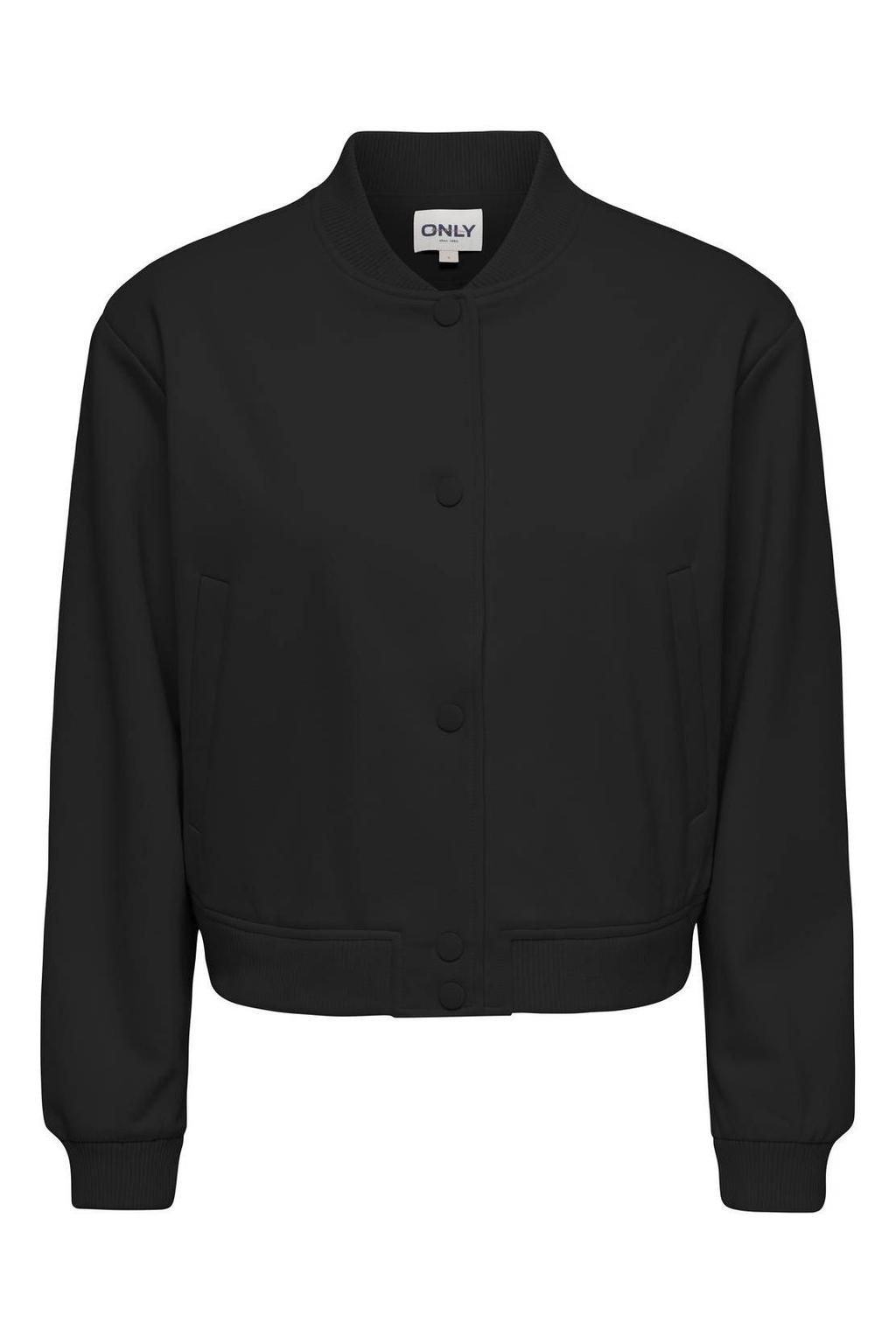 Zwarte dames ONLY CARMAKOMA bomberjack van viscose met effen, lange mouwen, klassieke kraag en knoopsluiting