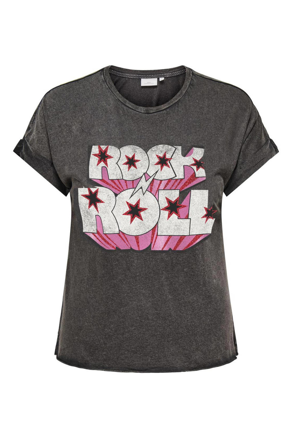 Grijze dames ONLY CARMAKOMA T-shirt van katoen met printopdruk, korte mouwen en ronde hals
