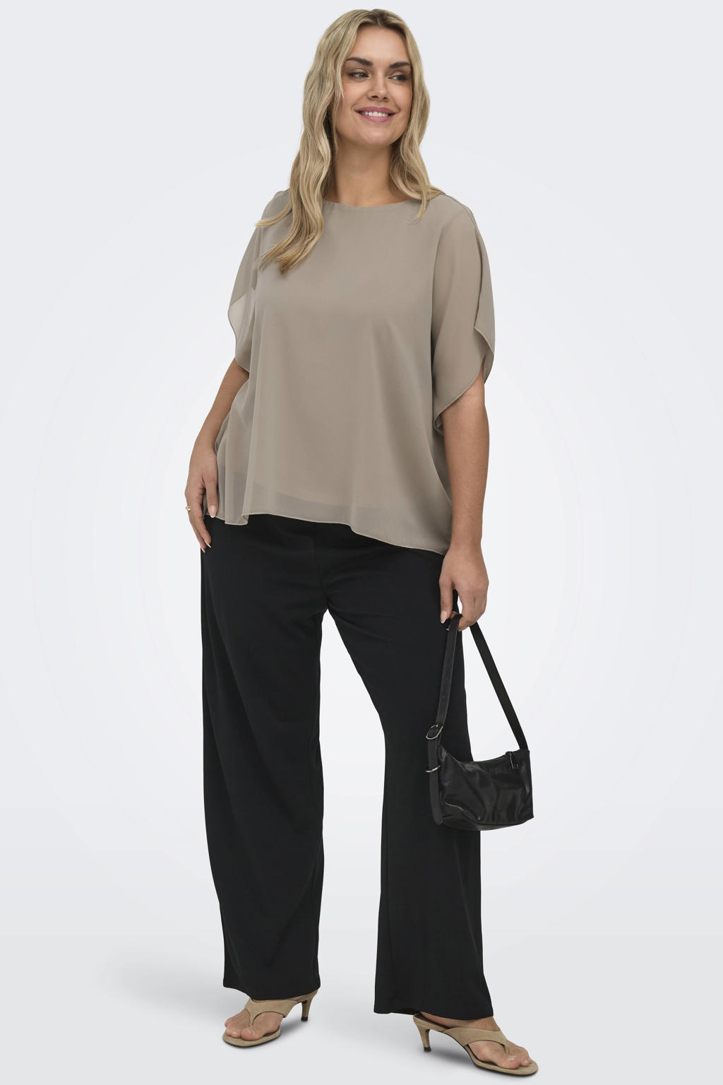 Taupe dames ONLY CARMAKOMA blousetop van polyester met effen, korte mouwen, ronde hals en geweven detail