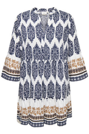korte blousejurk met grafisch blauw